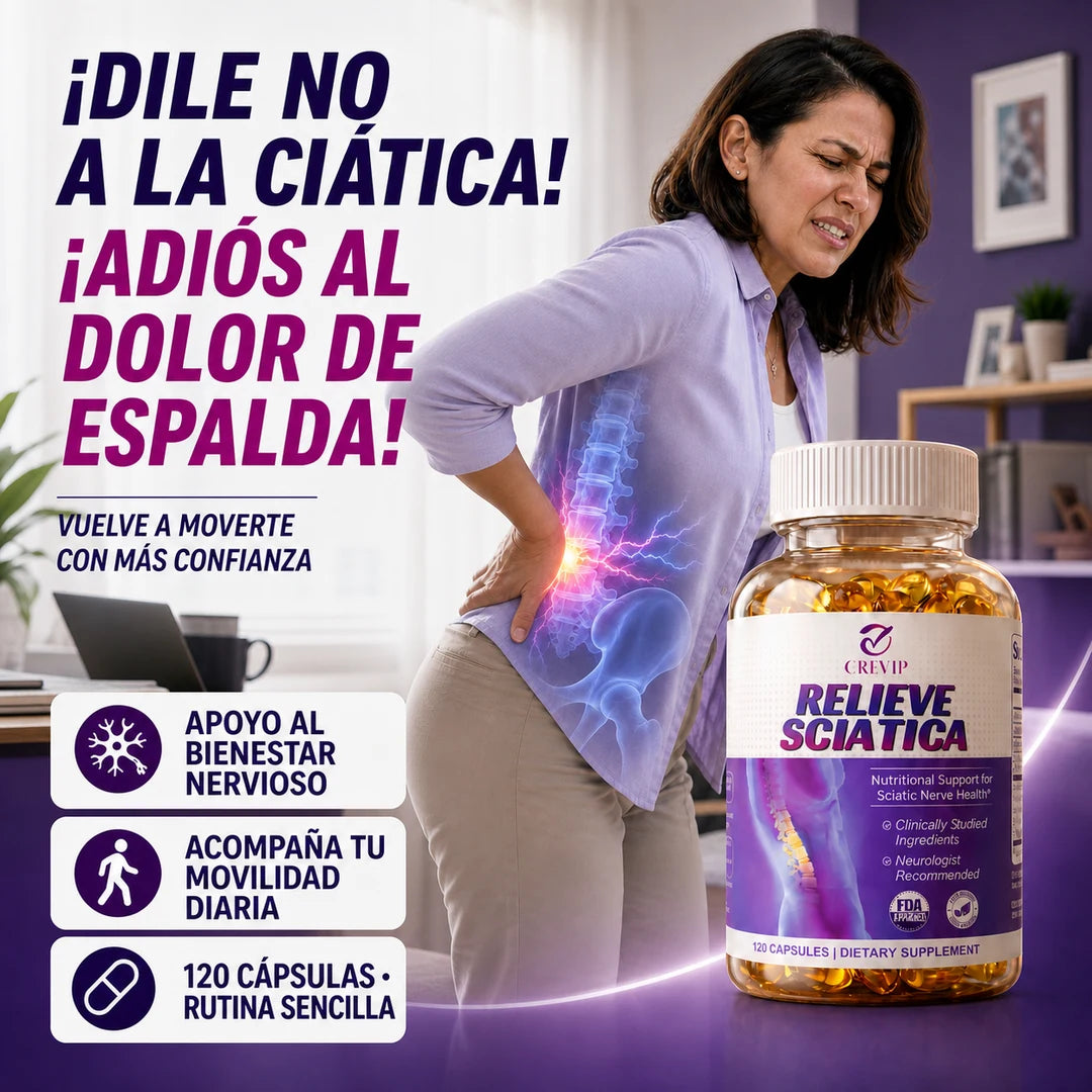 Mujer con molestia lumbar junto al producto